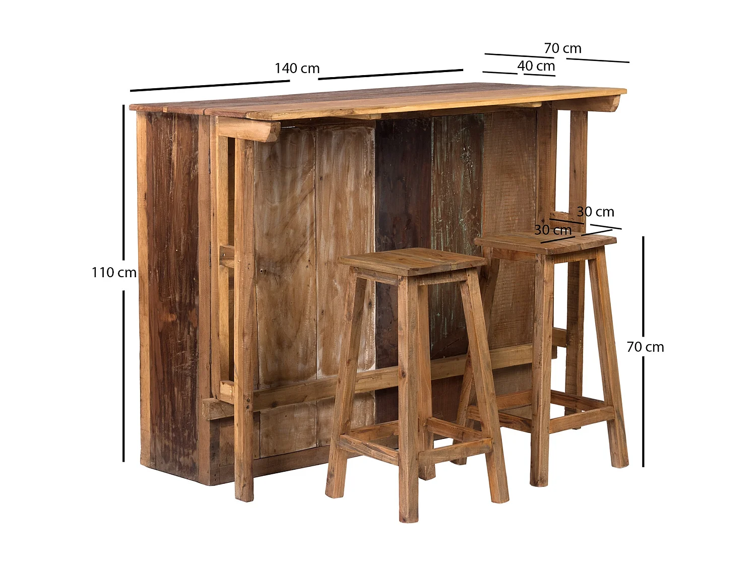 BARSCHRANK-SET Aruba 3-tlg. Massivholz, mit 2 Barhockern, 12er Flaschenregal und Gläserschienen naturfarben