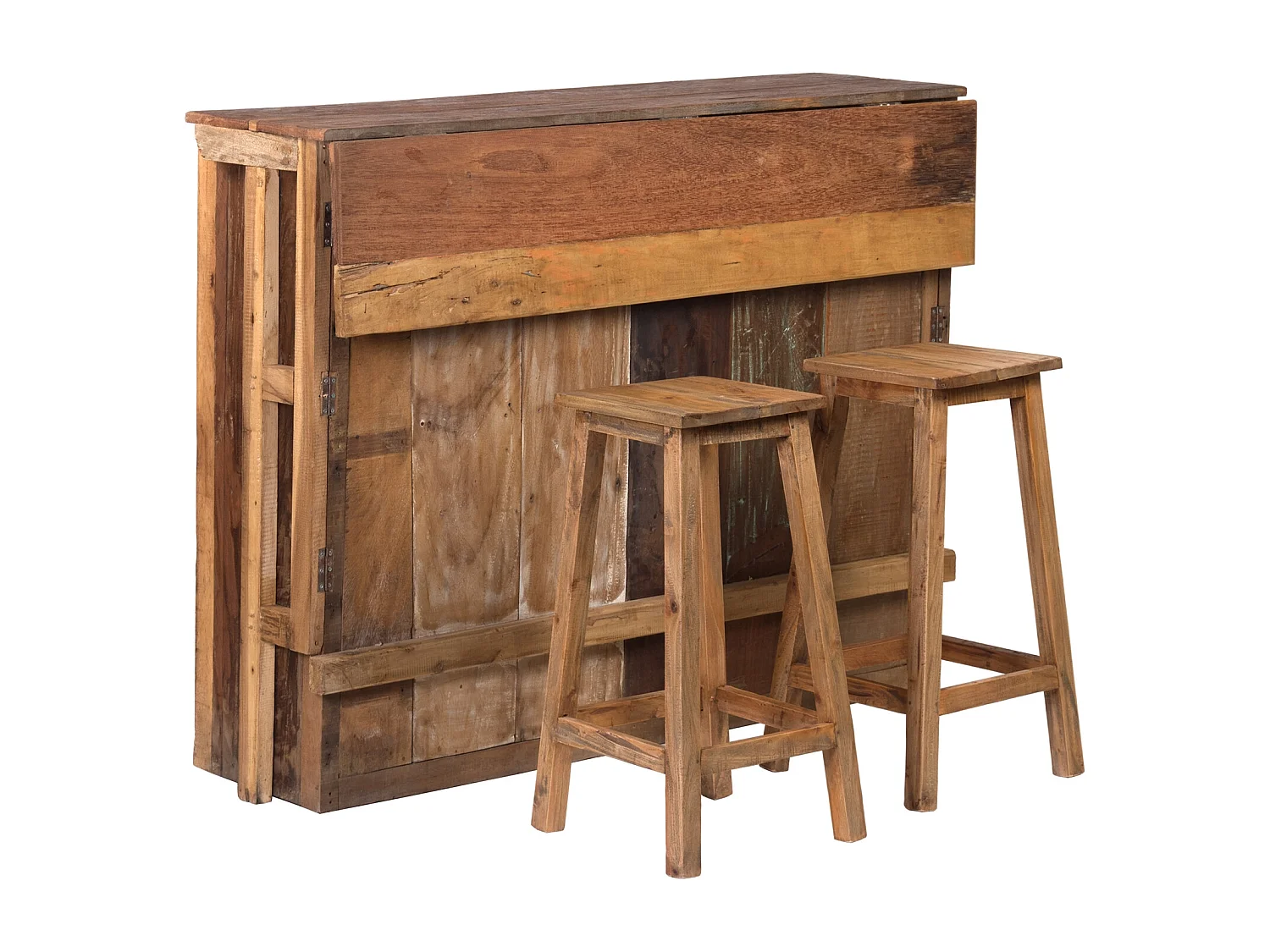 BARSCHRANK-SET Aruba 3-tlg. Massivholz, mit 2 Barhockern, 12er Flaschenregal und Gläserschienen naturfarben