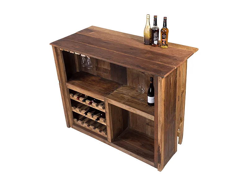 BARSCHRANK-SET Aruba 3-tlg. Massivholz, mit 2 Barhockern, 12er Flaschenregal und Gläserschienen naturfarben