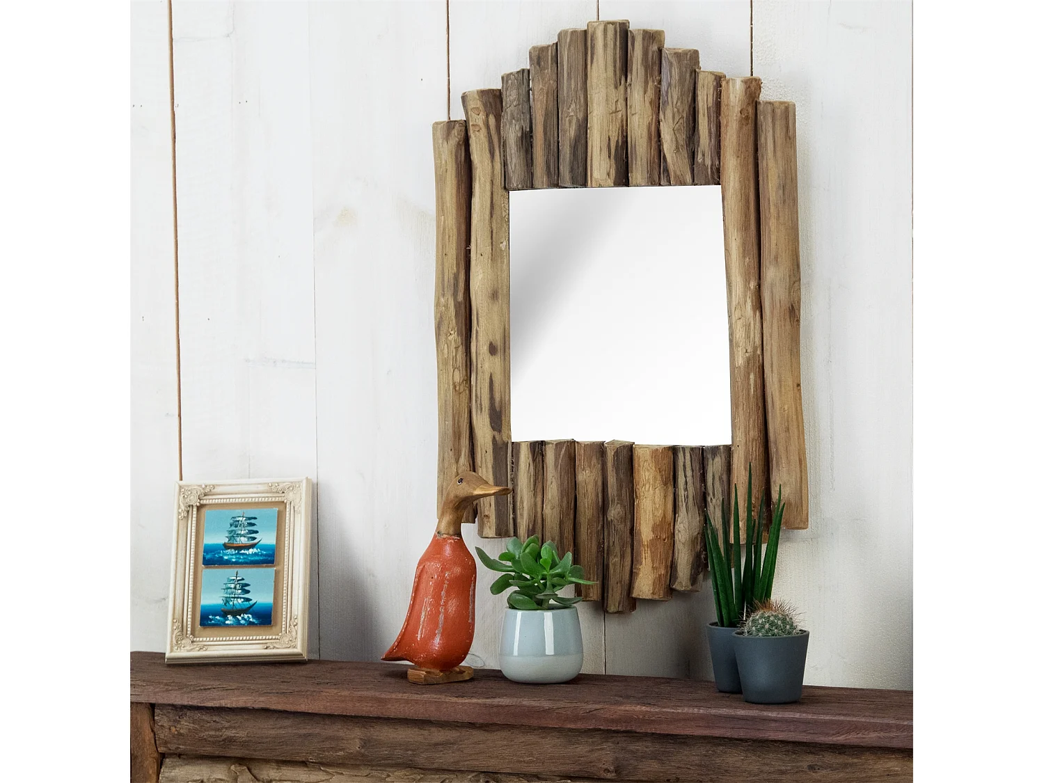 MIROIR MURAL Harmonica 56x37 cm Bois flotté en teck couleurs naturelles