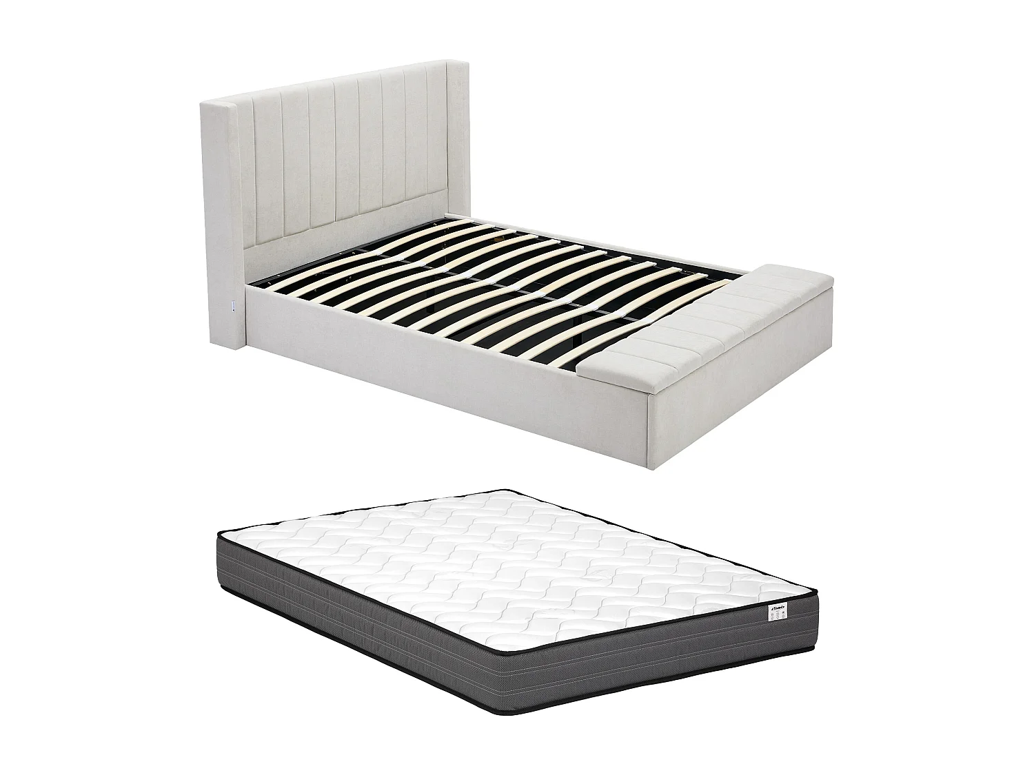 Bed met opbergruimte 140 x 190 cm met bankje - Stof - Beige + matras - DOUINO