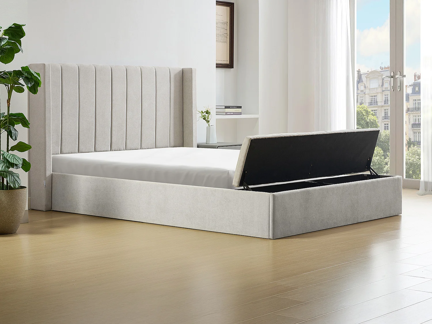 Bed met opbergruimte 140 x 190 cm met bankje - Stof - Beige + matras - DOUINO