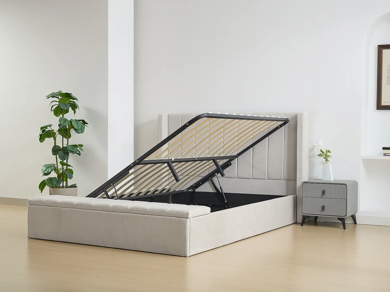 Bed met opbergruimte 160 x 200 cm met bankje - Stof - Beige + matras - DOUINO