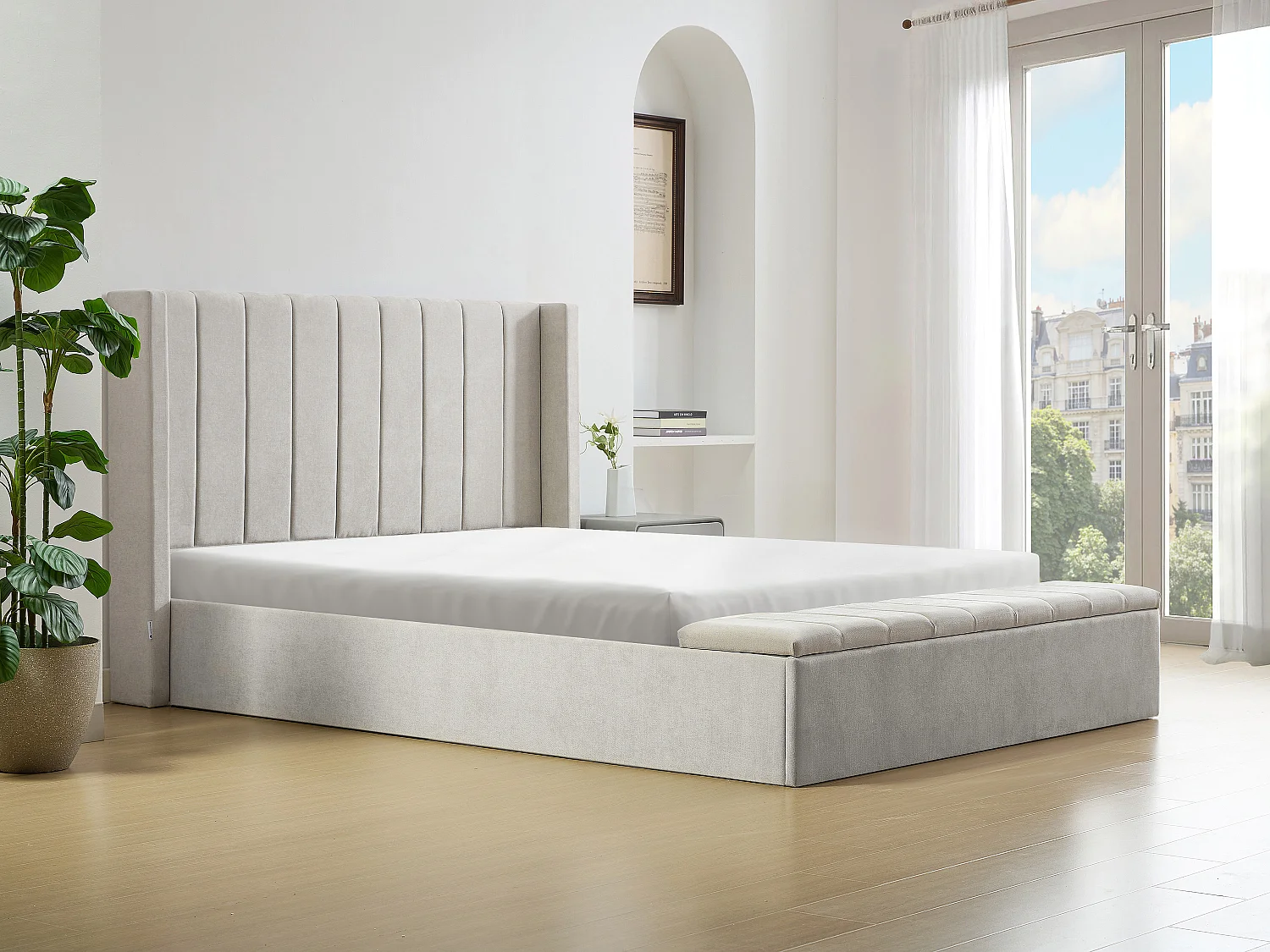 Lit coffre 160 x 200 cm avec banc - Tissu - Beige + Matelas - DOUINO