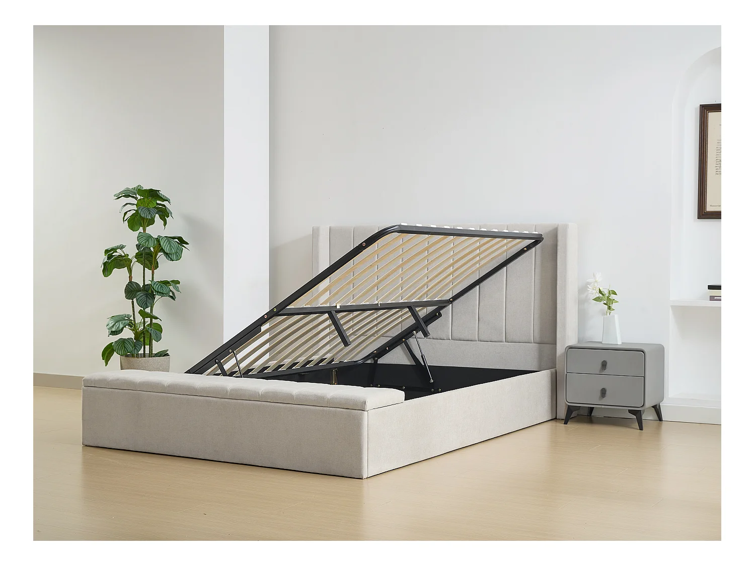 Lit coffre 160 x 200 cm avec banc - Tissu - Beige + Matelas - DOUINO