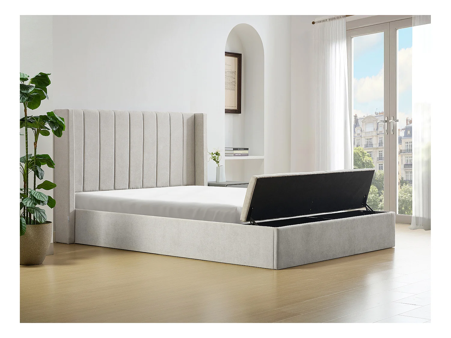 Lit coffre 160 x 200 cm avec banc - Tissu - Beige + Matelas - DOUINO