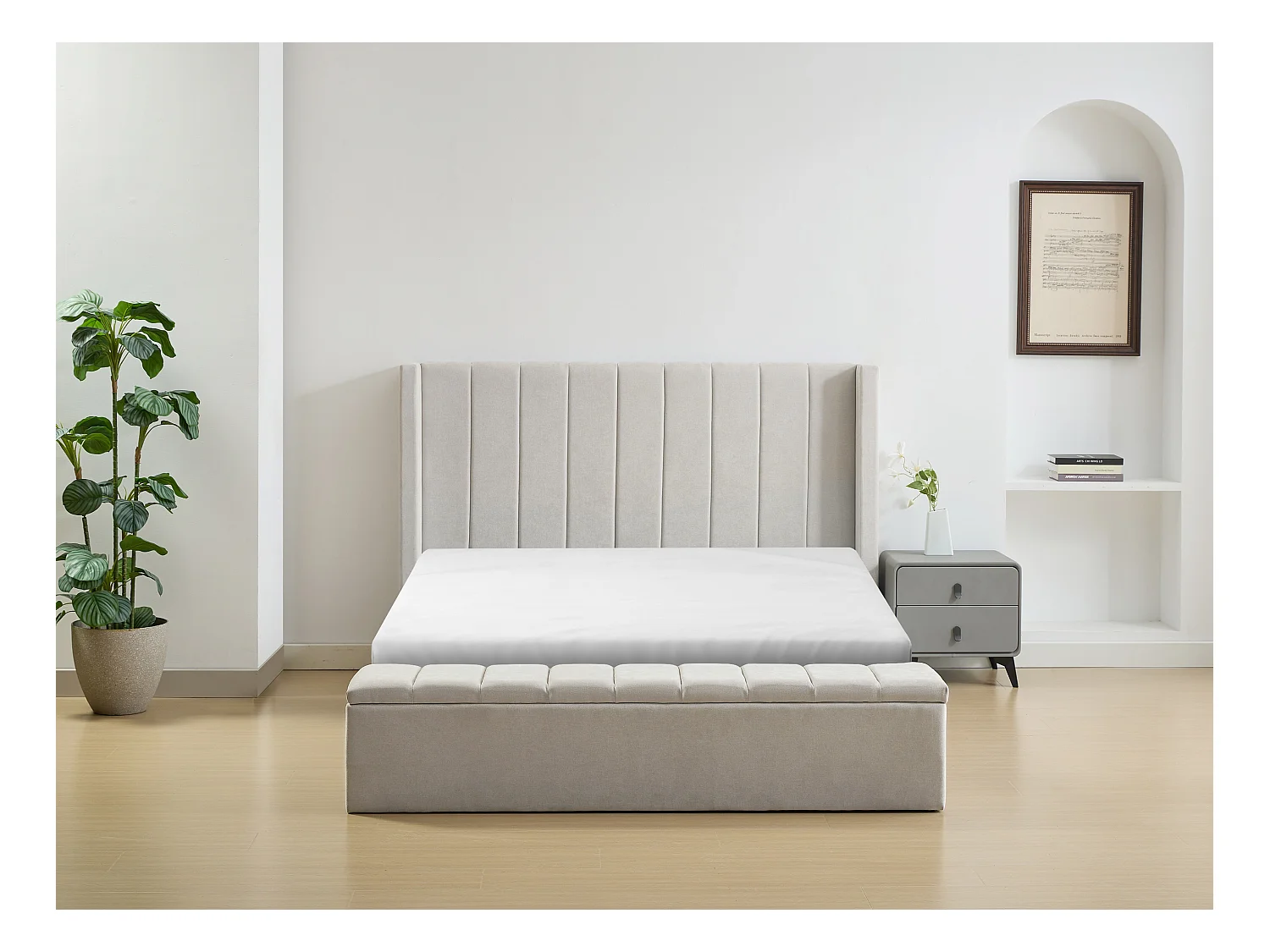 Lit coffre 160 x 200 cm avec banc - Tissu - Beige + Matelas - DOUINO
