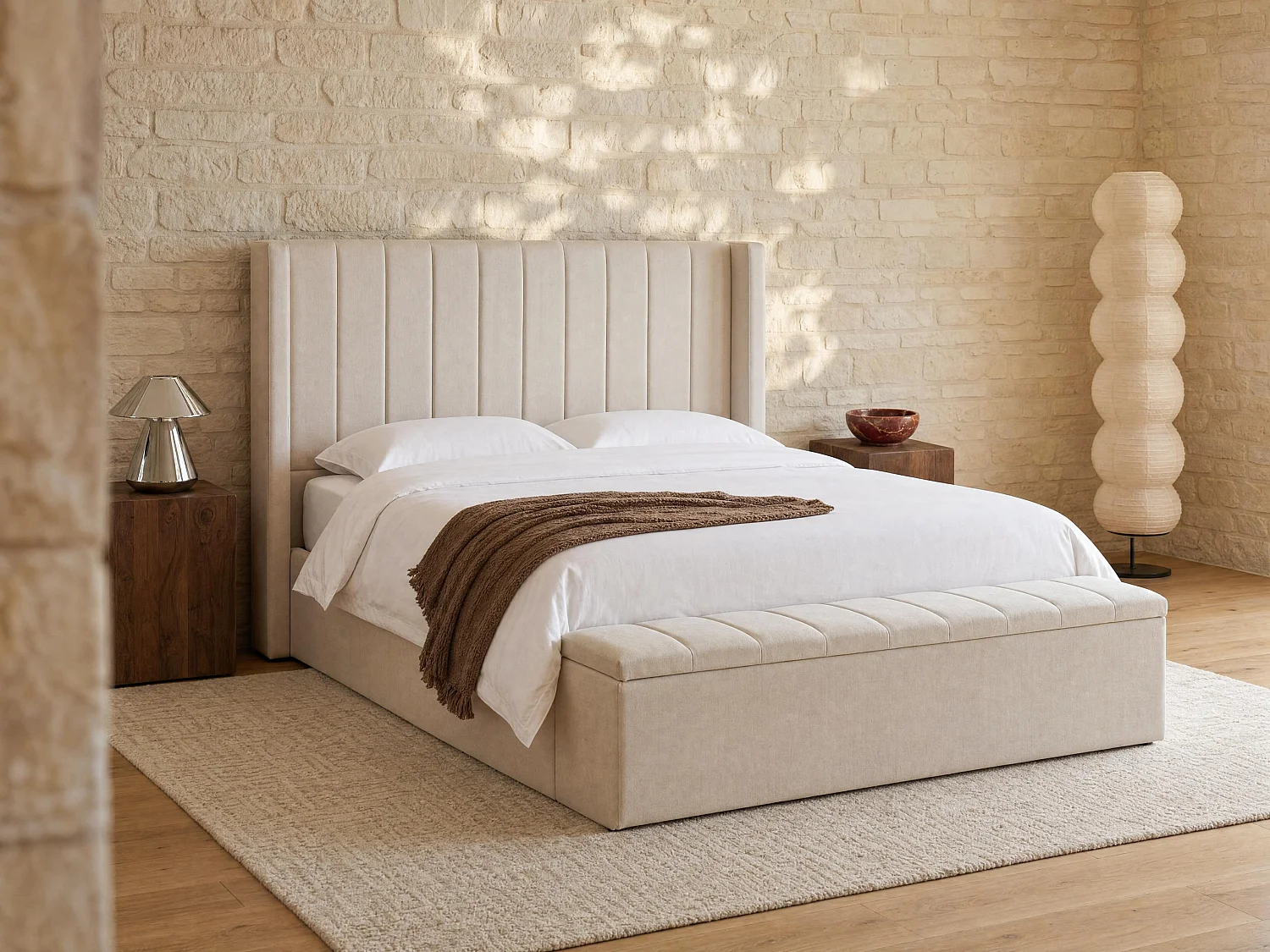 Storage Bed 160 x 200 cm with Bench - Fabric - Beige + Mattress - DOUINO