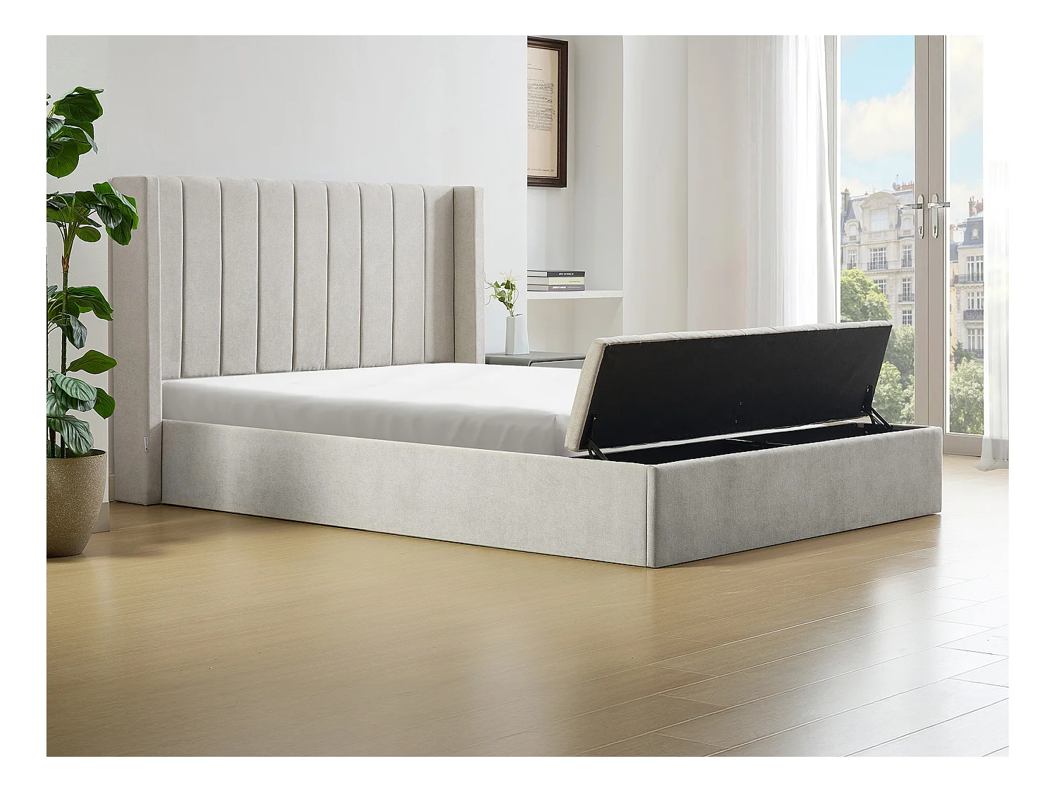 Łóżko ze skrzynią i ławką 180 x 200 cm - Tkanina - Beżowy + Materac - DOUINO