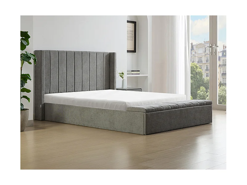 Bett mit Bettkasten & Bank + Matratze - 140 x 190 cm - Stoff - Grau - DOUINO
