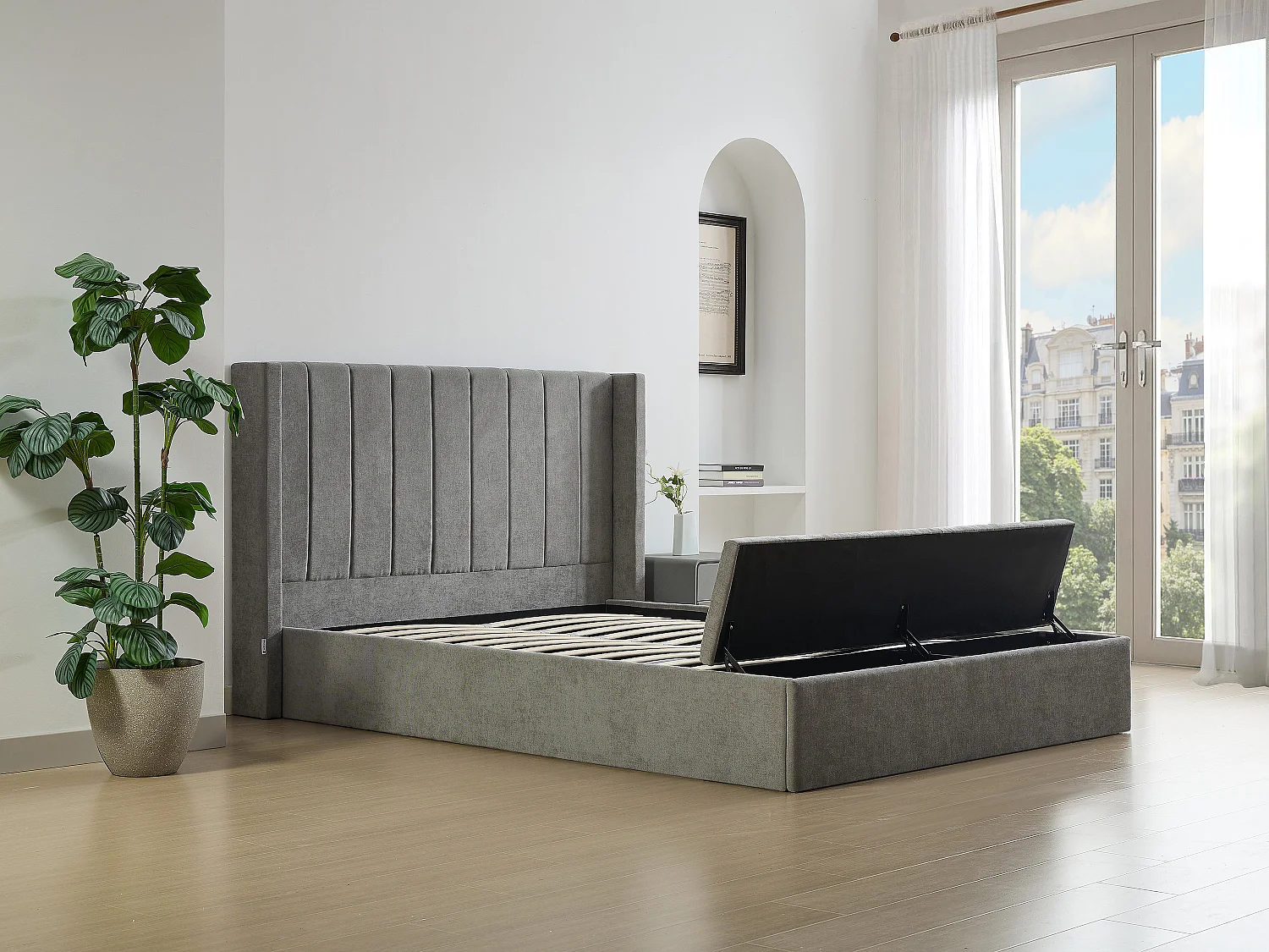 Lit coffre 140 x 190 cm avec banc - Tissu - Gris + Matelas - DOUINO