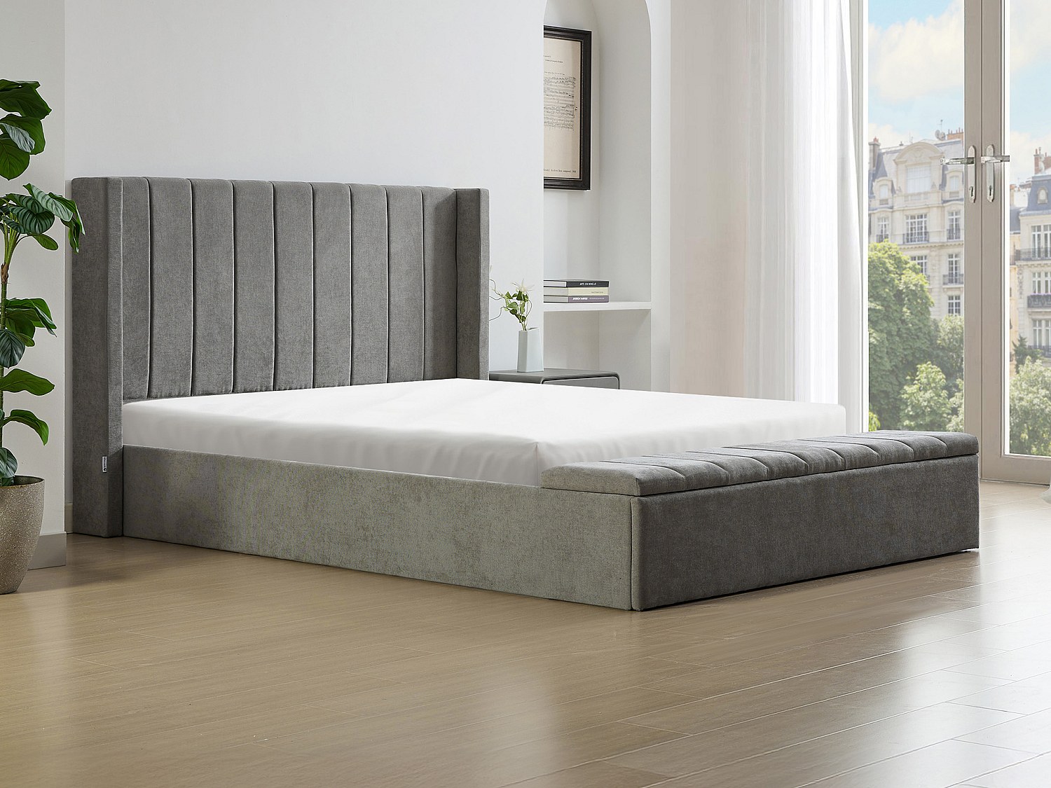 Sängram med förvaring 140 x 190 cm med bänk - Tyg - Grå + Madrass - DOUINO