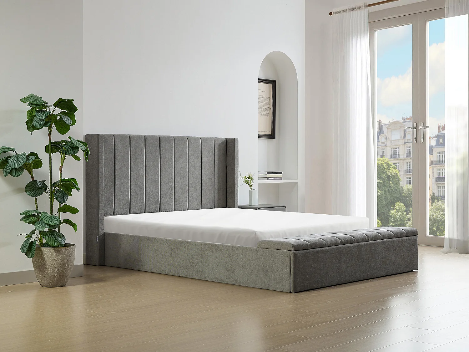 Lit coffre 140 x 190 cm avec banc - Tissu - Gris + Matelas - DOUINO