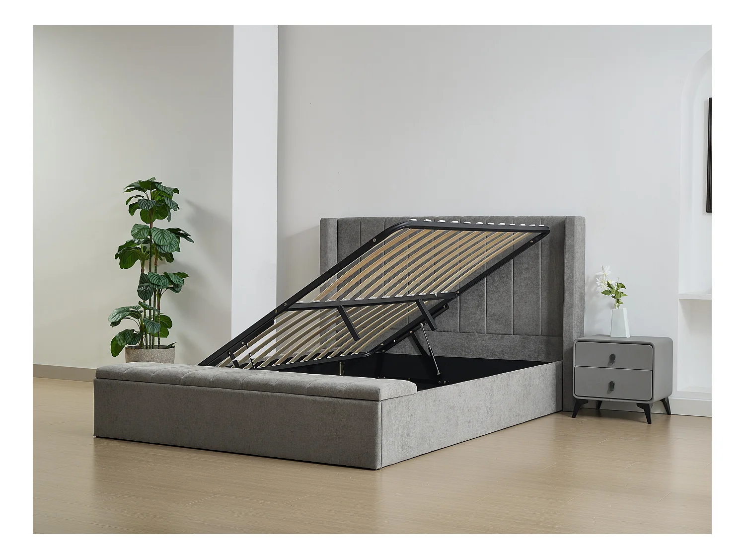 Lit coffre 160 x 200 cm avec banc - Tissu - Gris + Matelas - DOUINO