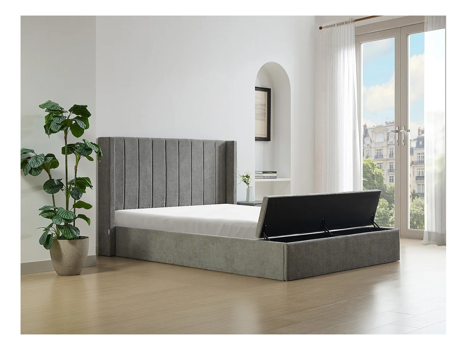 Lit coffre 160 x 200 cm avec banc - Tissu - Gris + Matelas - DOUINO