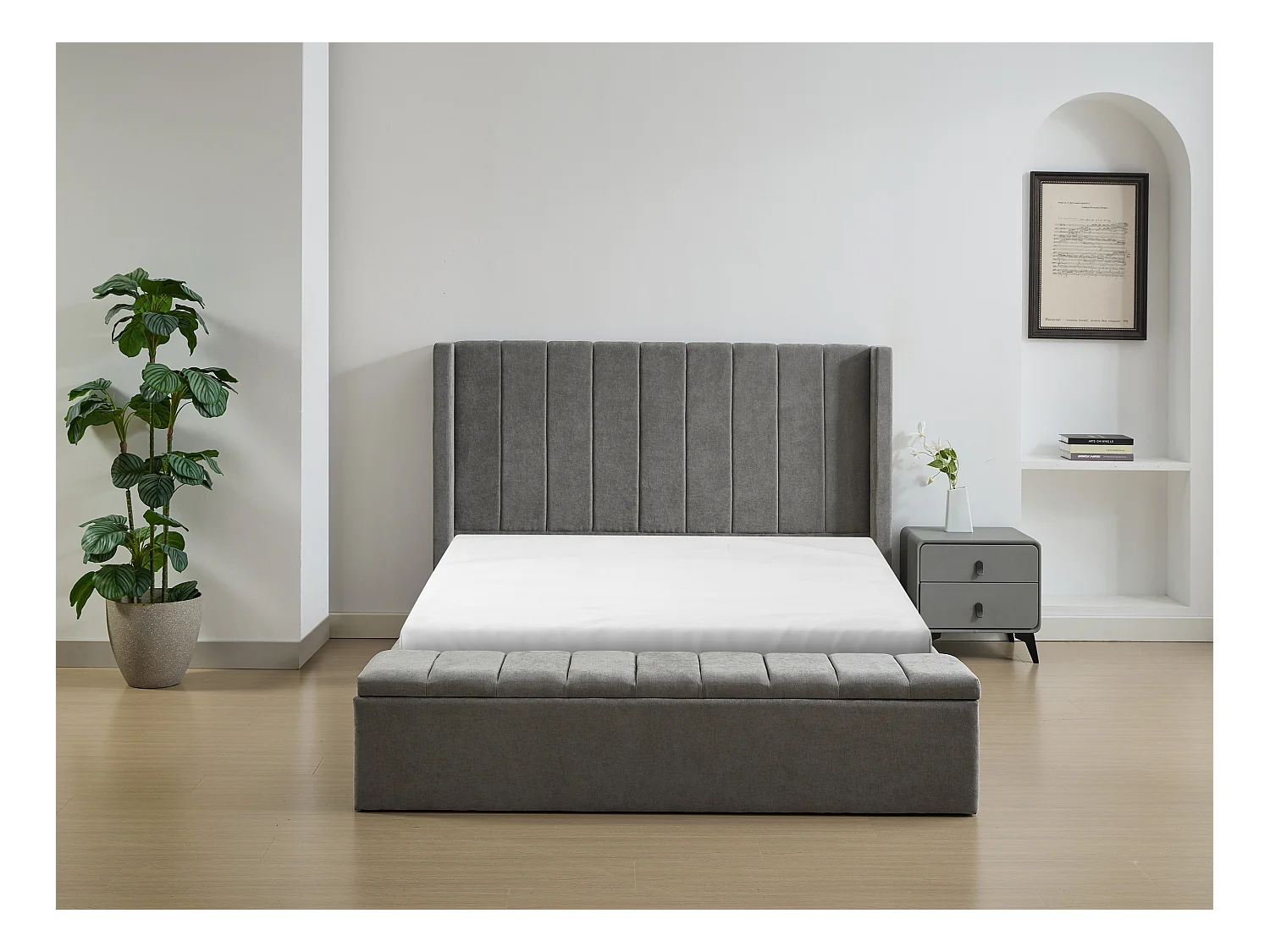 Lit coffre 160 x 200 cm avec banc - Tissu - Gris + Matelas - DOUINO
