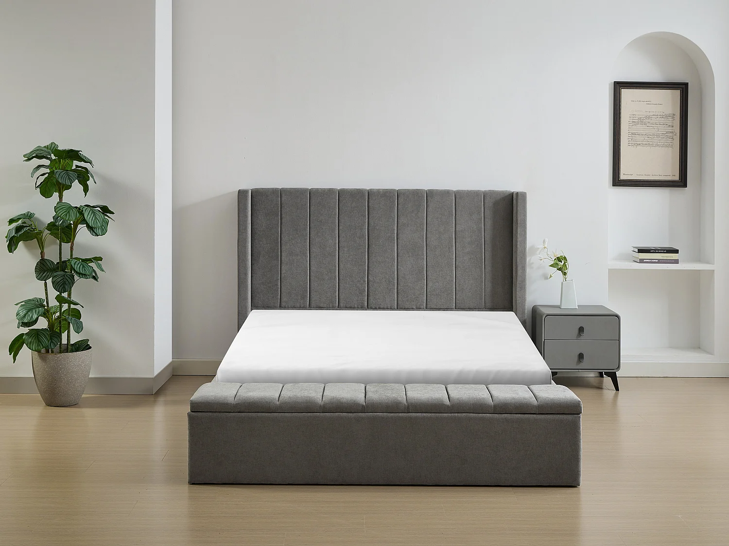 Lit coffre 160 x 200 cm avec banc - Tissu - Gris + Matelas - DOUINO
