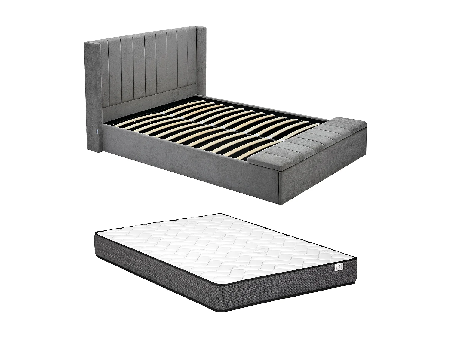 Bed met opbergruimte 180 x 200 cm met bankje - Stof - Grijs + matras - DOUINO