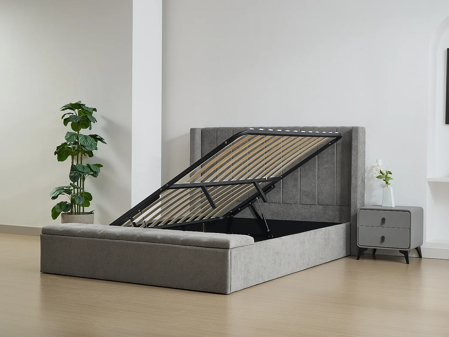 Bed met opbergruimte 180 x 200 cm met bankje - Stof - Grijs + matras - DOUINO