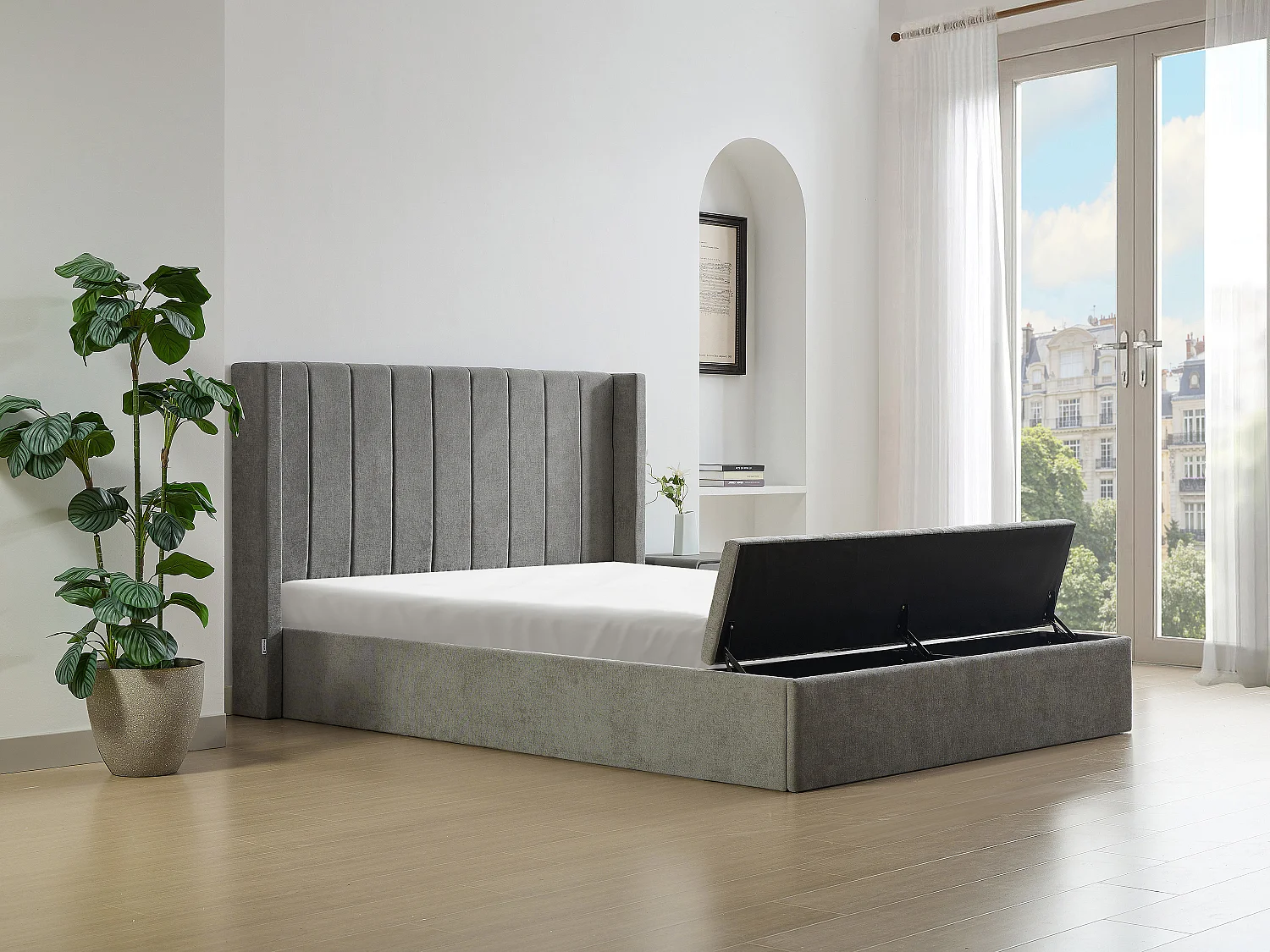 Bed met opbergruimte 180 x 200 cm met bankje - Stof - Grijs + matras - DOUINO