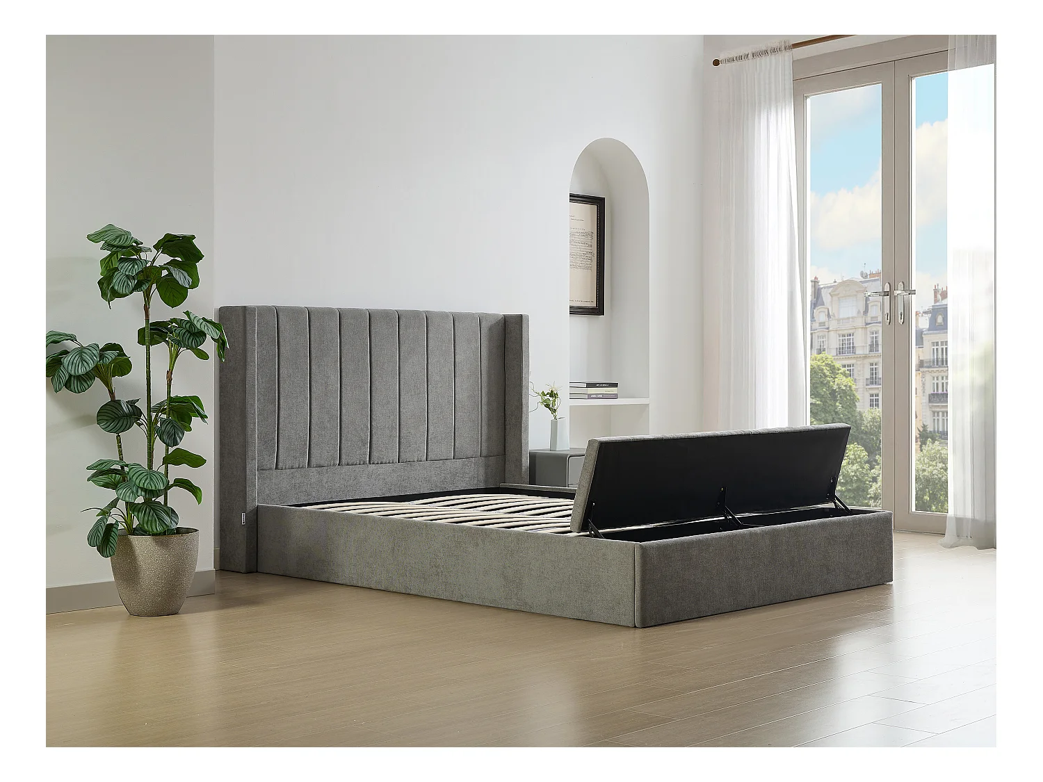 Lit coffre 180 x 200 cm avec banc - Tissu - Gris + Matelas - DOUINO