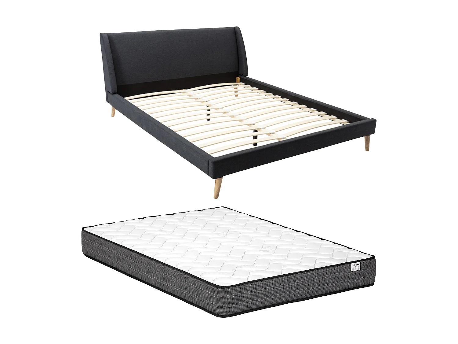 Cama de estilo escandinavo 180 x 200 cm - Tela - Gris antracita + Colchón - BENEDICTE