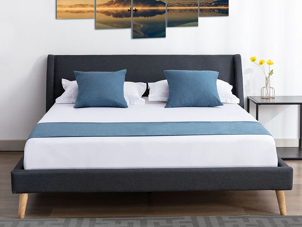 Cama de estilo escandinavo 180 x 200 cm - Tela - Gris antracita + Colchón - BENEDICTE