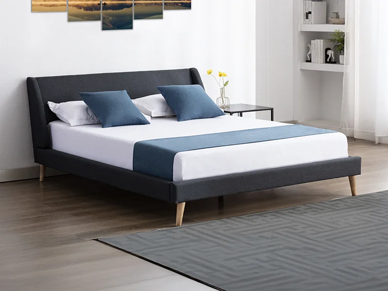 Lit 180 x 200 cm - Tissu - Gris anthracite + Matelas - BENEDICTE