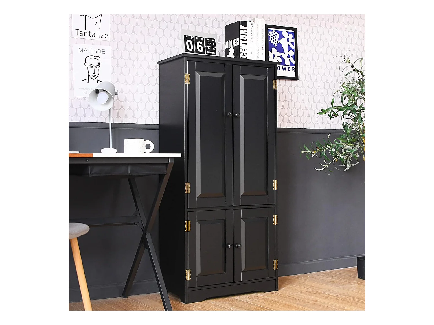 Vintage MDF opbergkast met 2 verstelbare planken in 5 posities en anti-dump-voorziening, 58,5 x 31,5 x 123 cm, voor woonkamer, slaapkamer, kantoor (zwart)