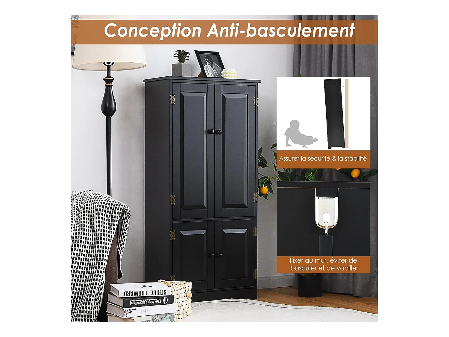 Vintage MDF opbergkast met 2 verstelbare planken in 5 posities en anti-dump-voorziening, 58,5 x 31,5 x 123 cm, voor woonkamer, slaapkamer, kantoor (zwart)