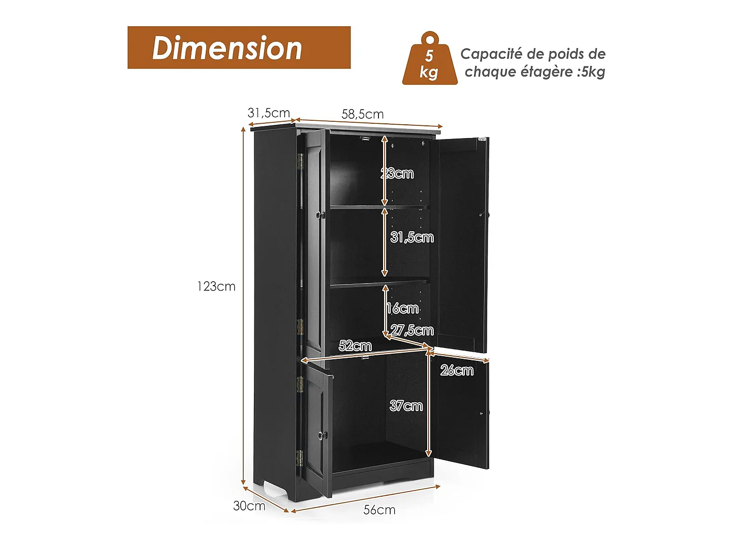 Vintage MDF opbergkast met 2 verstelbare planken in 5 posities en anti-dump-voorziening, 58,5 x 31,5 x 123 cm, voor woonkamer, slaapkamer, kantoor (zwart)