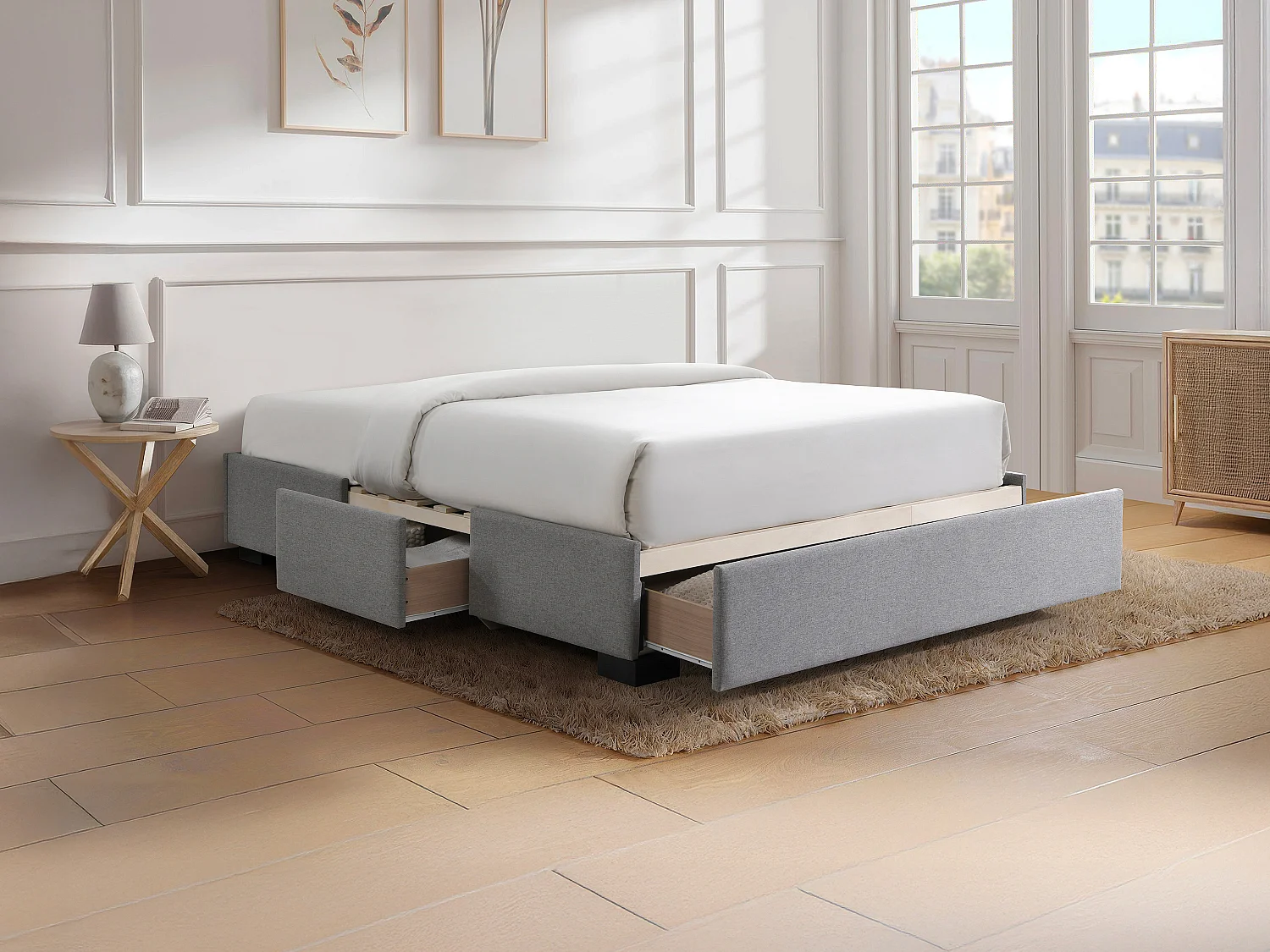 Sommier avec tiroirs 160 x 200 cm - Tissu gris - KOLANE de YSMÉE