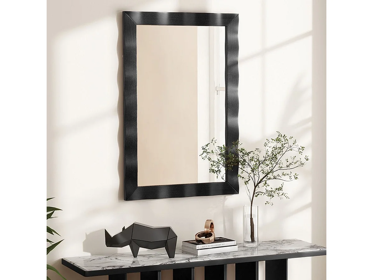 Miroir Mural Rectangulaire 106 × 71.5 cm, Cadre en Bois d’Hévéa, Grand Miroir Mural, Suspension Verticale & Horizontale, Miroir Décoratif pour Salon, Salle de Bain, Chambre à Coucher (Noir)