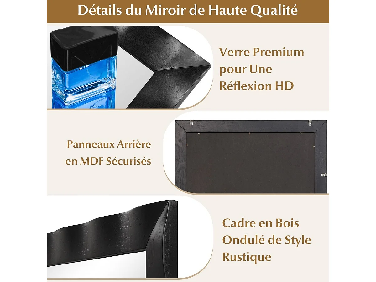 Miroir Mural Rectangulaire 106 × 71.5 cm, Cadre en Bois d’Hévéa, Grand Miroir Mural, Suspension Verticale & Horizontale, Miroir Décoratif pour Salon, Salle de Bain, Chambre à Coucher (Noir)