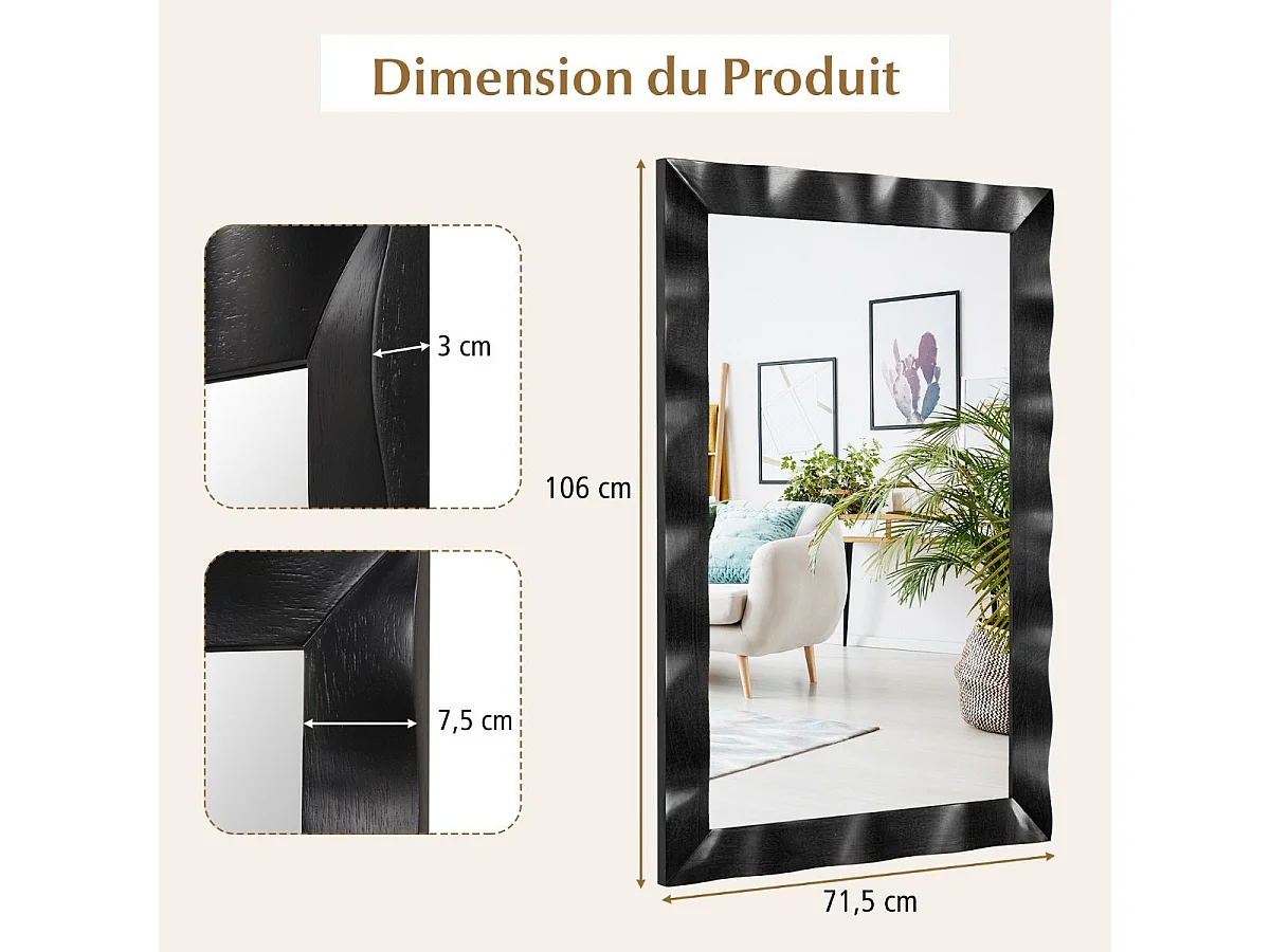 Miroir Mural Rectangulaire 106 × 71.5 cm, Cadre en Bois d’Hévéa, Grand Miroir Mural, Suspension Verticale & Horizontale, Miroir Décoratif pour Salon, Salle de Bain, Chambre à Coucher (Noir)