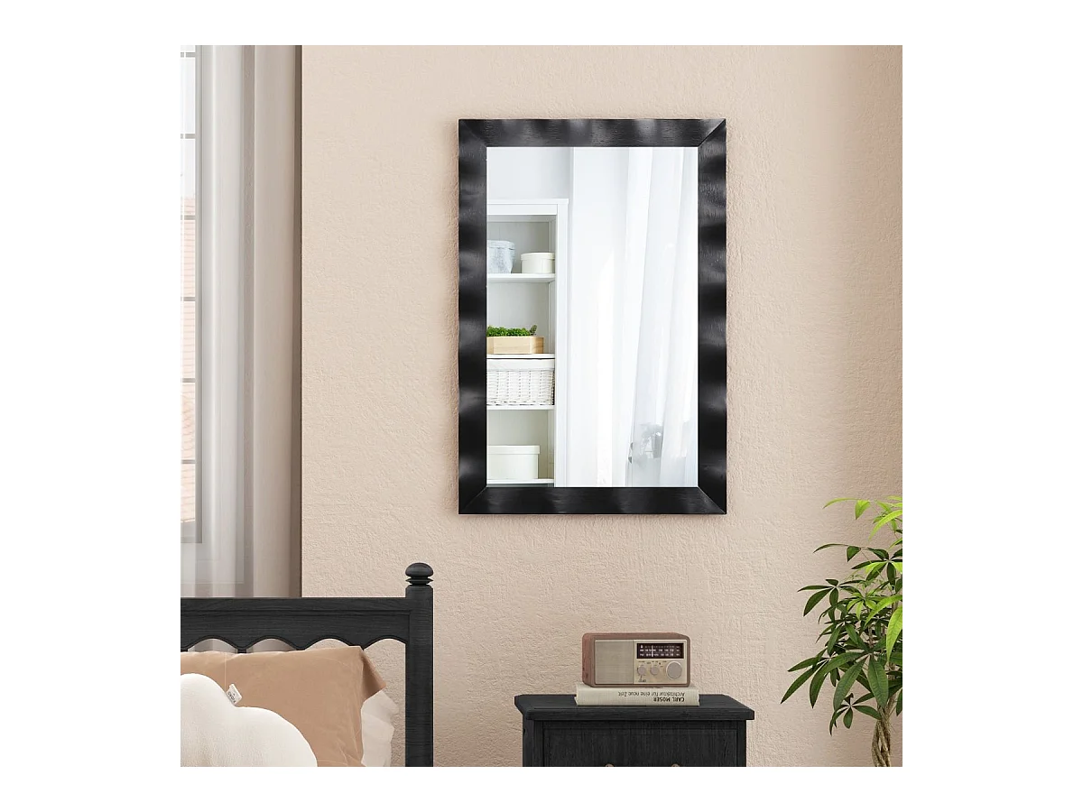 Miroir Mural Rectangulaire 106 × 71.5 cm, Cadre en Bois d’Hévéa, Grand Miroir Mural, Suspension Verticale & Horizontale, Miroir Décoratif pour Salon, Salle de Bain, Chambre à Coucher (Noir)