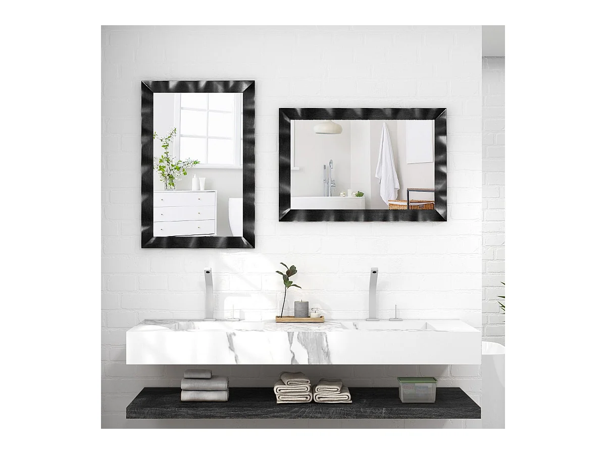 Miroir Mural Rectangulaire 106 × 71.5 cm, Cadre en Bois d’Hévéa, Grand Miroir Mural, Suspension Verticale & Horizontale, Miroir Décoratif pour Salon, Salle de Bain, Chambre à Coucher (Noir)