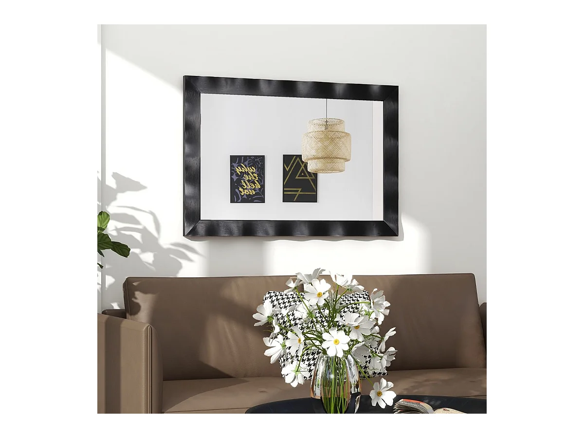 Miroir Mural Rectangulaire 106 × 71.5 cm, Cadre en Bois d’Hévéa, Grand Miroir Mural, Suspension Verticale & Horizontale, Miroir Décoratif pour Salon, Salle de Bain, Chambre à Coucher (Noir)