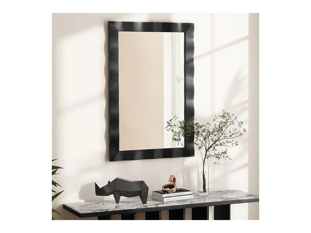 Miroir Mural Rectangulaire 106 × 71.5 cm, Cadre en Bois d’Hévéa, Grand Miroir Mural, Suspension Verticale & Horizontale, Miroir Décoratif pour Salon, Salle de Bain, Chambre à Coucher (Noir)