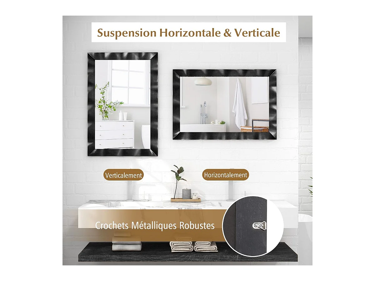 Miroir Mural Rectangulaire 106 × 71.5 cm, Cadre en Bois d’Hévéa, Grand Miroir Mural, Suspension Verticale & Horizontale, Miroir Décoratif pour Salon, Salle de Bain, Chambre à Coucher (Noir)