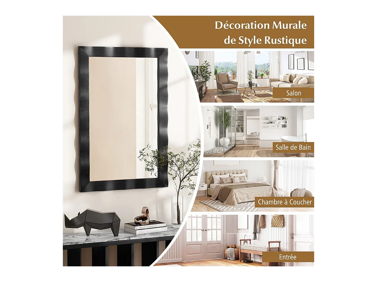 Miroir Mural Rectangulaire 106 × 71.5 cm, Cadre en Bois d’Hévéa, Grand Miroir Mural, Suspension Verticale & Horizontale, Miroir Décoratif pour Salon, Salle de Bain, Chambre à Coucher (Noir)