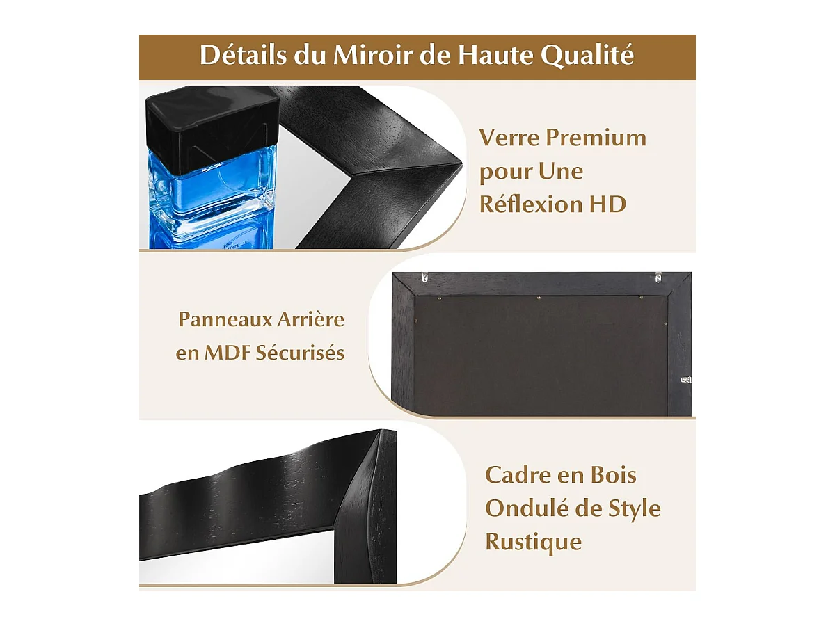 Miroir Mural Rectangulaire 106 × 71.5 cm, Cadre en Bois d’Hévéa, Grand Miroir Mural, Suspension Verticale & Horizontale, Miroir Décoratif pour Salon, Salle de Bain, Chambre à Coucher (Noir)