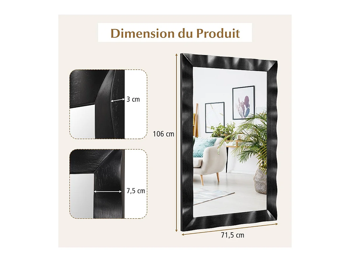 Miroir Mural Rectangulaire 106 × 71.5 cm, Cadre en Bois d’Hévéa, Grand Miroir Mural, Suspension Verticale & Horizontale, Miroir Décoratif pour Salon, Salle de Bain, Chambre à Coucher (Noir)