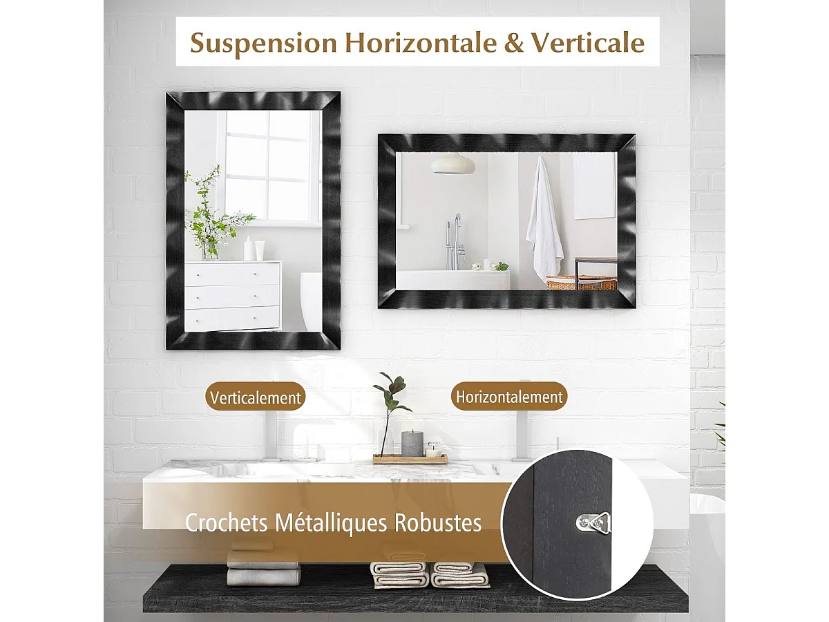 106×71,5 cm rechthoekige wandspiegel, rubberhouten frame, grote wandspiegel, verticaal en horizontaal hangend, decoratieve spiegel voor woonkamer, badkamer, slaapkamer (zwart)