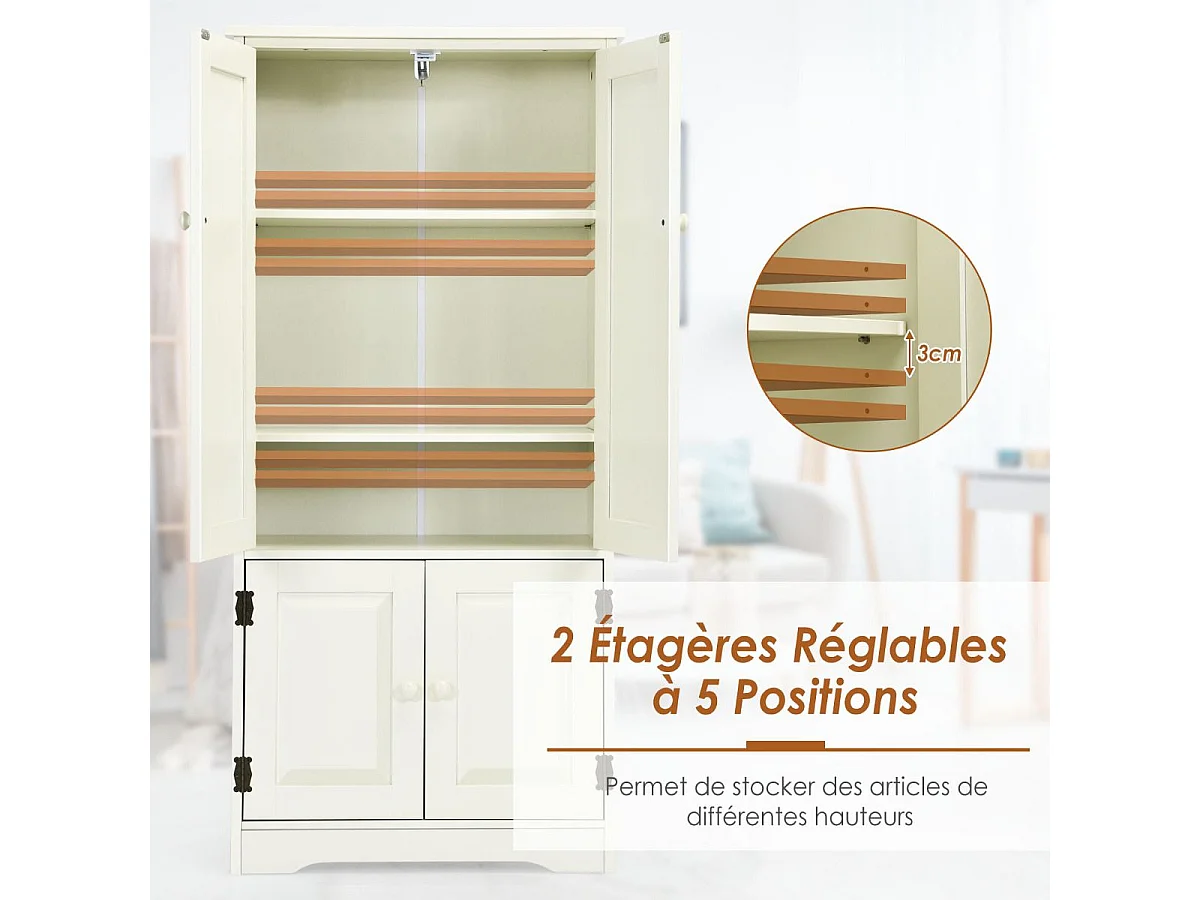 Armoire de Chambre avec 2 Porte de Style Vintage avec 2 Etagères Réglables à 5 Positions en MDF Blanc