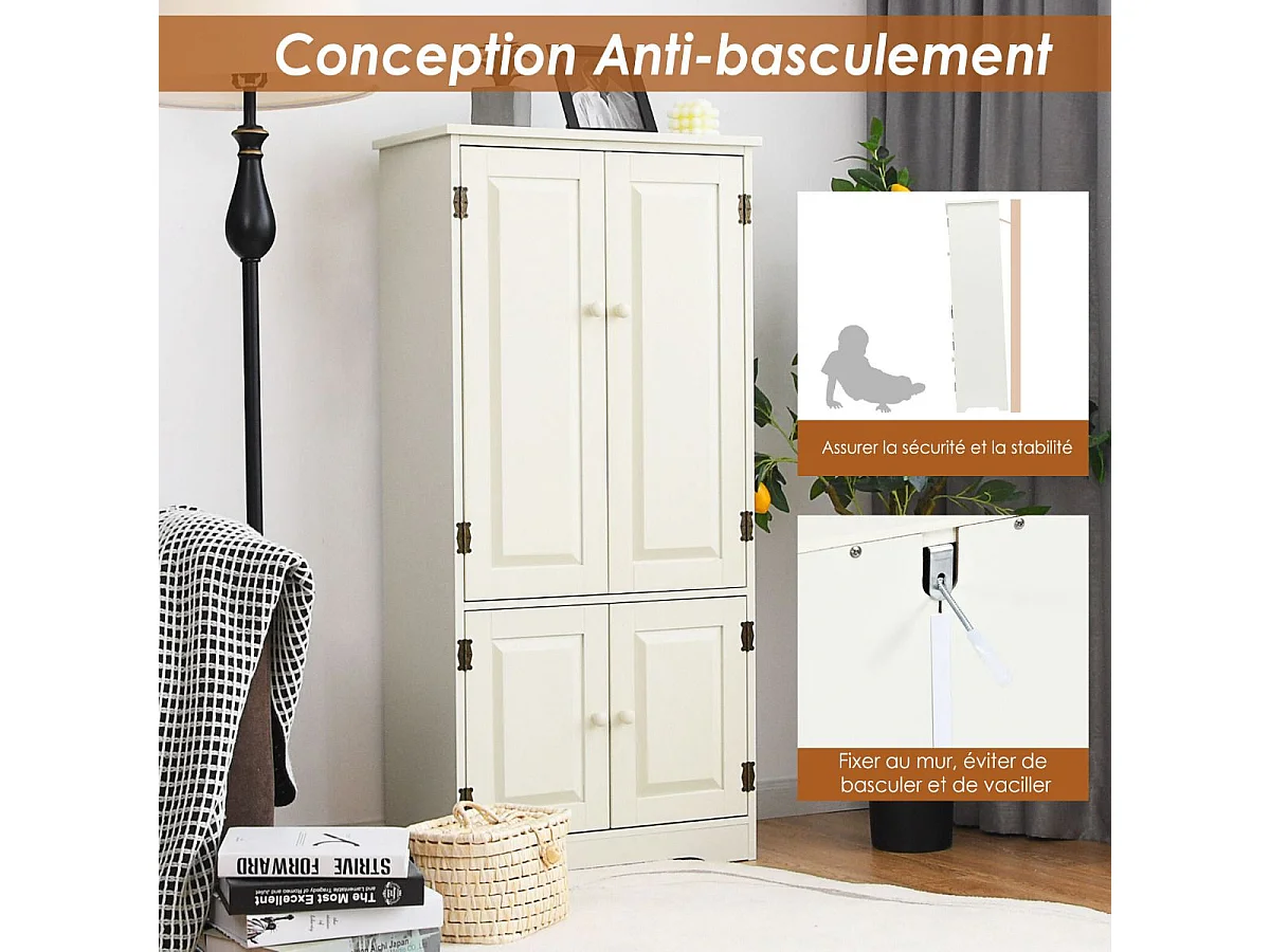 Armoire de Chambre avec 2 Porte de Style Vintage avec 2 Etagères Réglables à 5 Positions en MDF Blanc