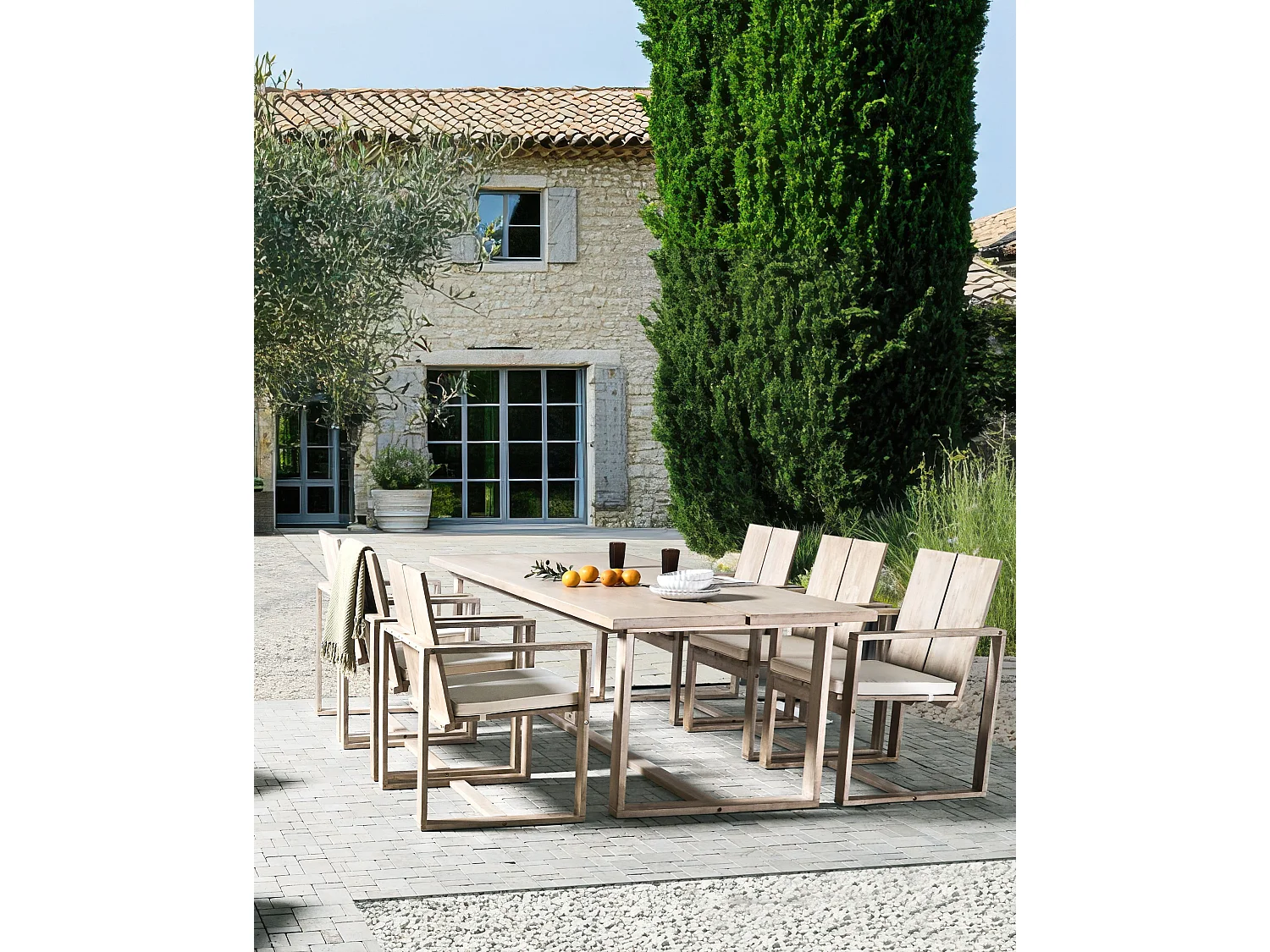 Set of 6 Garden Chairs with Cushions AZZANELLO Acacia Wood Off-White