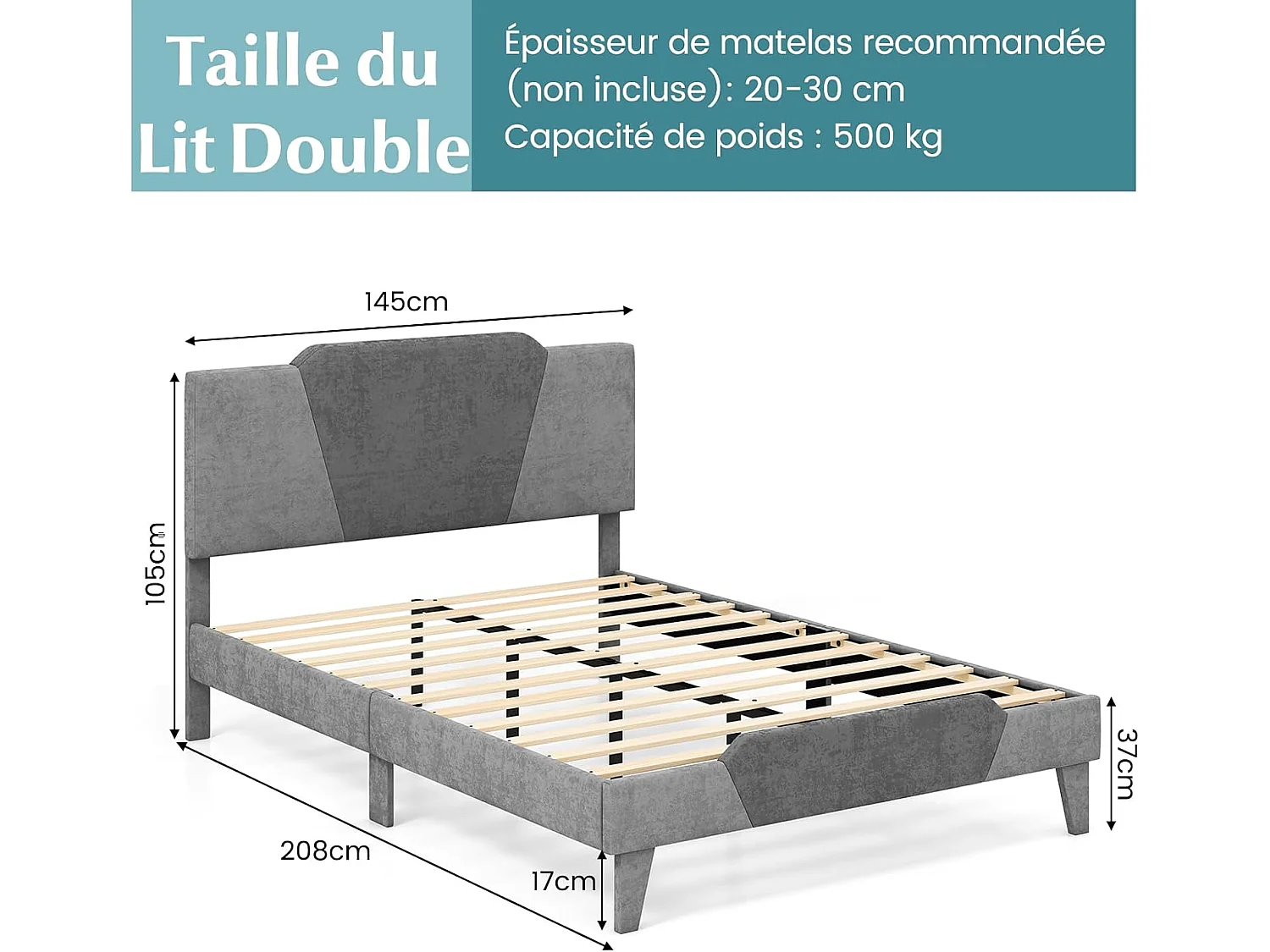 Cadre de Lit 140 x 200 avec Sommier en en Métal 37 cm, Lit Double pour Adulte, Support de Lattes en Bois avec Rangement sous Le Lit, Facile à Monter, Gris
