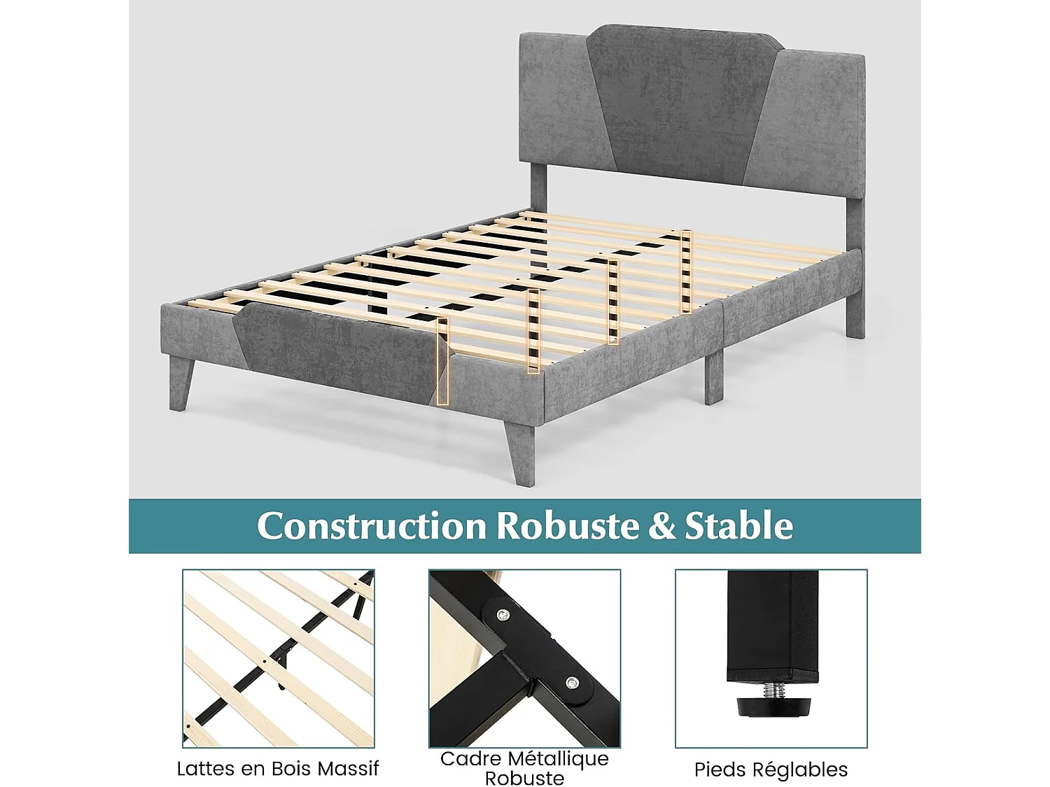 Cadre de Lit 140 x 200 avec Sommier en en Métal 37 cm, Lit Double pour Adulte, Support de Lattes en Bois avec Rangement sous Le Lit, Facile à Monter, Gris