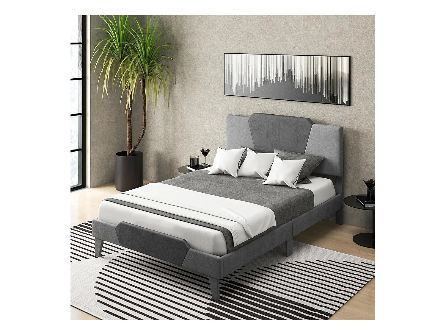 Cadre de Lit 140 x 200 avec Sommier en en Métal 37 cm, Lit Double pour Adulte, Support de Lattes en Bois avec Rangement sous Le Lit, Facile à Monter, Gris